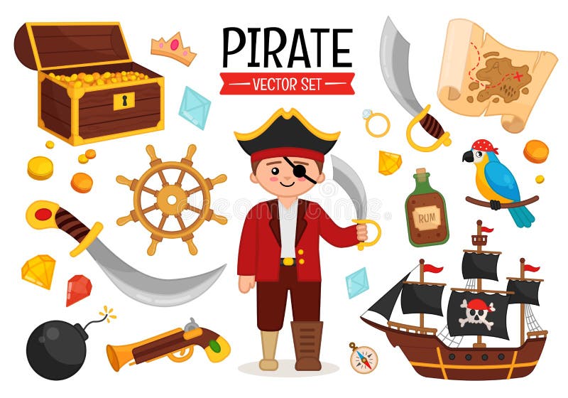 Accesorios Piratas Símbolos Iconos Planos Colección Con Cofre De Tesoro De  Madera Y Ilustración Vectorial Abstracta Jolly Roger Ilustración del Vector  - Ilustración de dorado, vector: 186327959