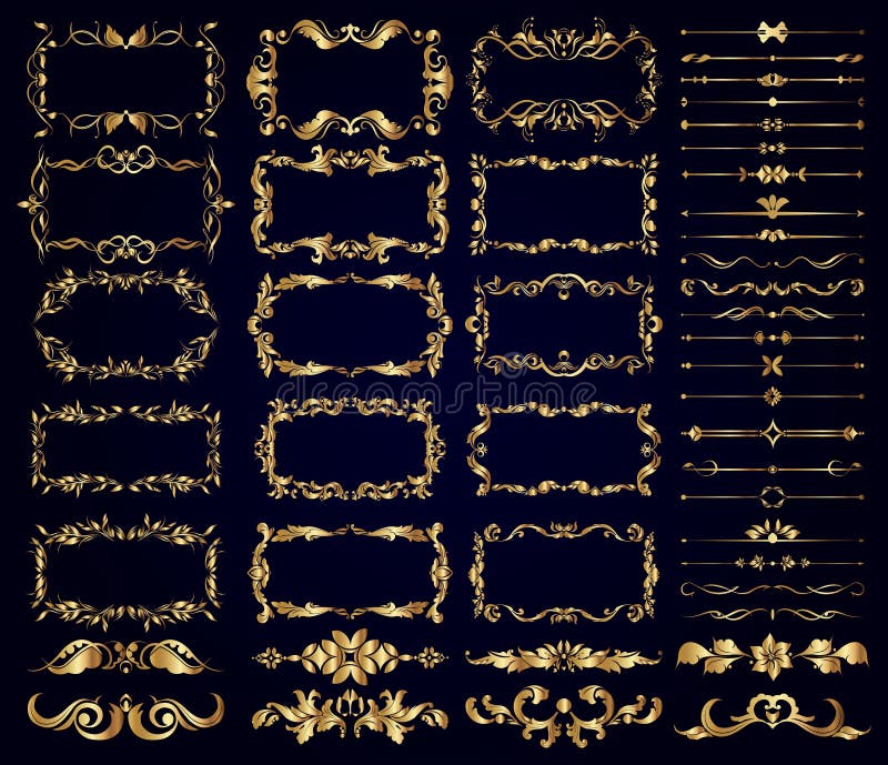 Conjunto vectorial de bordes decorativos dorados, marcos, separadores, sobre un fondo oscuro