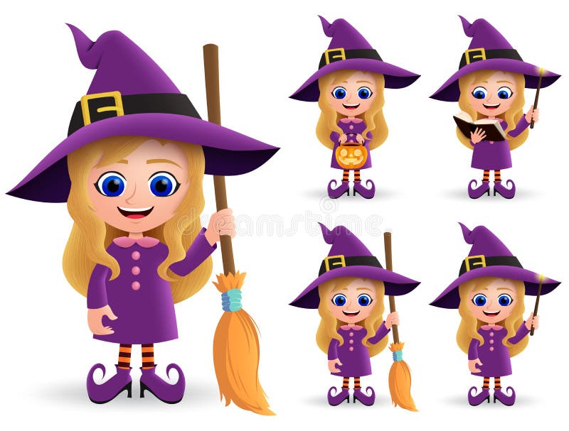 Conjunto vectorial de caracteres de bruja de Halloween. Personajes adorables de bruja alegre de pie stock de ilustración
