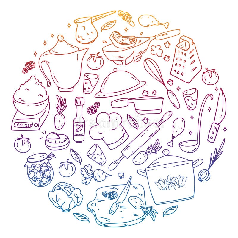 Conjunto Vectorial De Cocina Gastronomía Vectorial Y Comida Rápida Iconos  De Cafés En Estilo Doodle. Gradiente De Color Pintado Ilustración del  Vector - Ilustración de salami, estilizado: 197665603