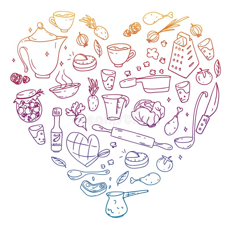 Conjunto Vectorial De Cocina Gastronomía Vectorial Y Comida Rápida Iconos  De Cafés En Estilo Doodle. Gradiente De Color Pintado Ilustración del  Vector - Ilustración de salchicha, alimento: 197666030