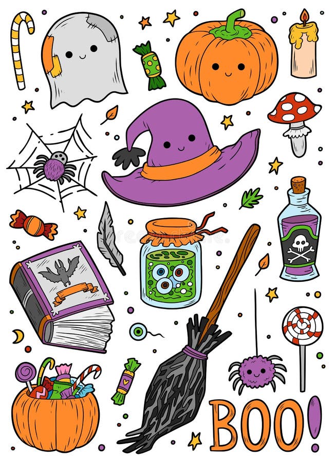 Conjunto Vectorial De Objetos De Halloween. Colección De Colores De Dibujos  Animados Para Niños Ilustración del Vector - Ilustración de traje, color:  228164466