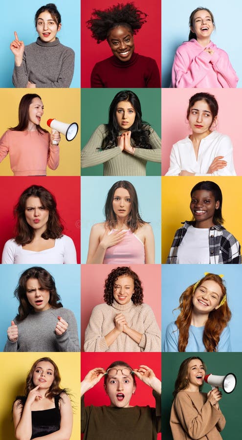 Conjunto vertical de retratos de modelos expresivos masculinos y femeninos multiétnicos. emociones humanas expresión facial imagenes de archivo