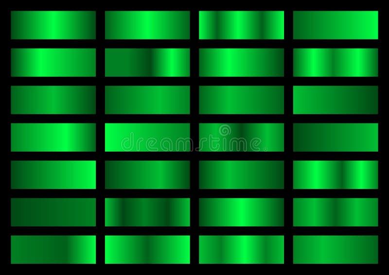 Conjunto vetorial de gradientes metálicos verdes neoneses coleção de gradientes brilhantes sobre fundo negro