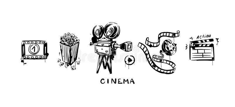 Conjunto Vintage De La Cinta De Vídeo De La Cámara De Cine Boceto De Palomitas En Un Fondo Blanco Aislado. Ilustración De Vector a Ilustración del Vector - Ilustración de cine, negro: Conjunto Vintage De La Cinta De Vídeo De La Cámara De Cine Boceto De Palomitas En Un Fondo Blanco Aislado. Ilustración De Vector a Ilustración del Vector - Ilustración de cine, negro: