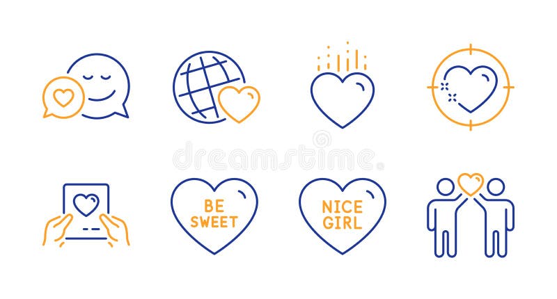 Conjuntos de iconos de Amigos del mundo, CorazÃ³n y Cita. SeÃ±ales de correo de Ser dulce y amor. Vector