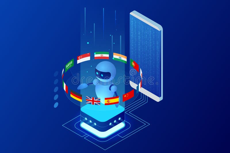 Connaissance des langues en ligne isométrique avec le concept d'intelligence artificielle ou de bot de professeur de Sciences Éco illustration libre de droits Connaissance des langues en ligne isométrique avec le concept d'intelligence artificielle ou de bot de professeur de Sciences Éco illustration libre de droits