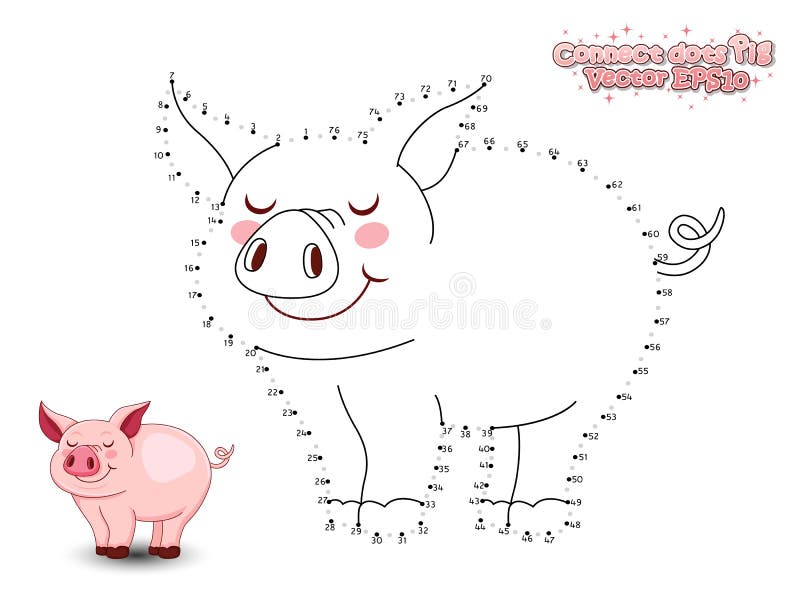 Connect The Dots Draw Cute Cartoon Pig and Color. Educational Ga