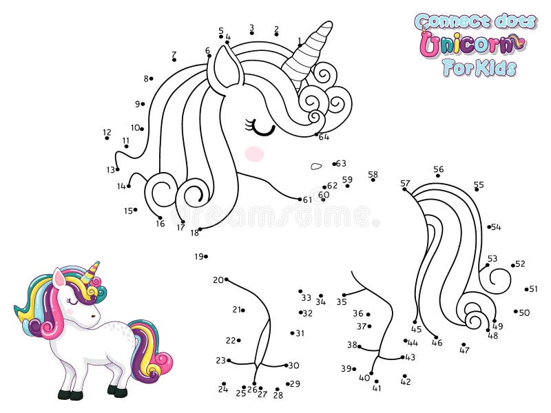 Connect The Dots and Draw Cute Cartoon Unicorn. Educational Game for Kids. Vector Illustration With Cartoon Animal Characters