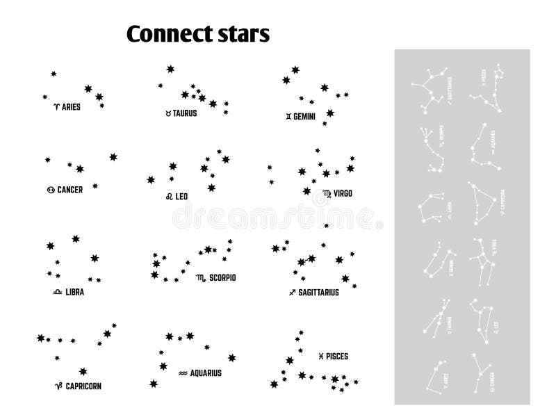 Connect stars kids game for study constellations. Star constellation, aurus pesces leo. Children astrology paper play