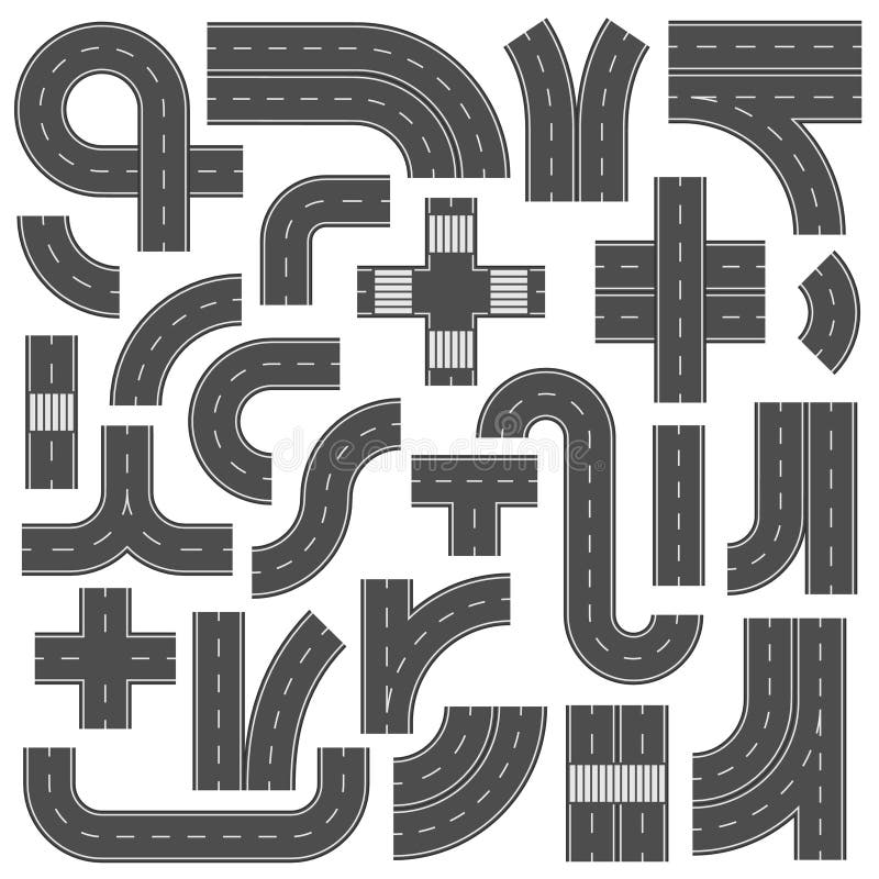 Connectable highway road elements. Crossroads, footpath and speedway highways crossroad junction mark. Asphalt street lane city traffic roads with marking segment vector isolated sign set. Connectable highway road elements. Crossroads, footpath and speedway highways crossroad junction mark. Asphalt street lane city traffic roads with marking segment vector isolated sign set