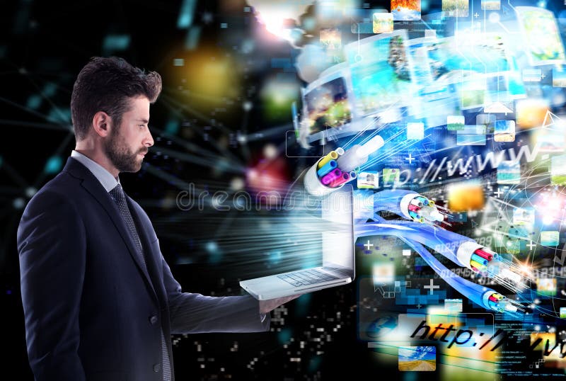 Connected businessman with optical fiber. concept of fast internet sharing royalty free stock image Connected businessman with optical fiber. concept of fast internet sharing royalty free stock image
