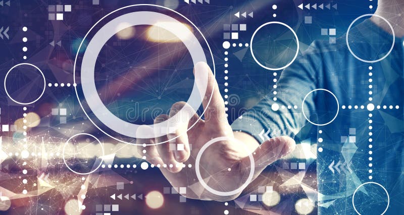 Connected circles chart with a man on city background stock image Connected circles chart with a man on city background stock image