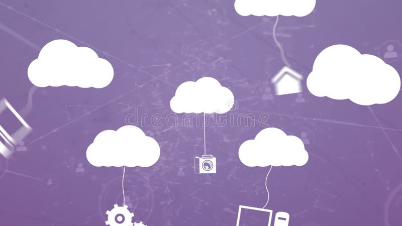 Connected cloud icons and devices over purple animation digital network background stock illustration