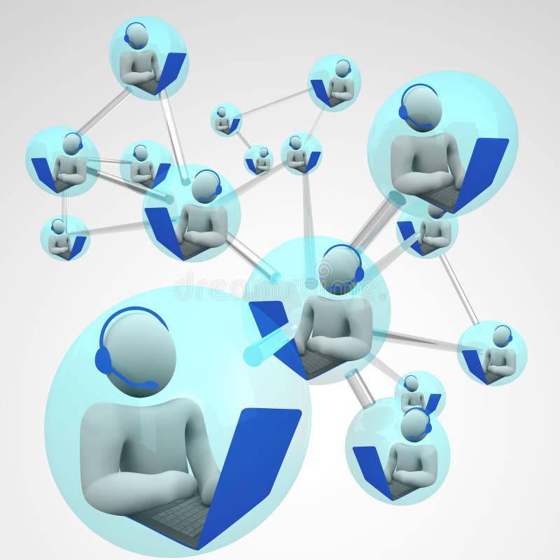 A linked network of people communicating via computer VOIP calling systems, operators with headsets and laptops typing while talking. Operators illustrations