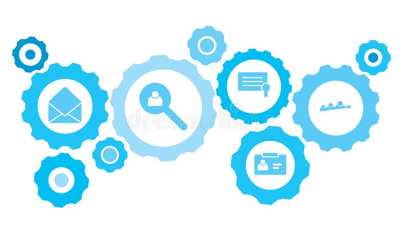 Connected gears and vector icons for logistic, service, shipping, distribution, transport, market, communicate concepts. progress royalty free illustration
