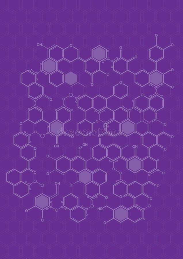 Texture of white lines forming hexagons as molecules on purple background.