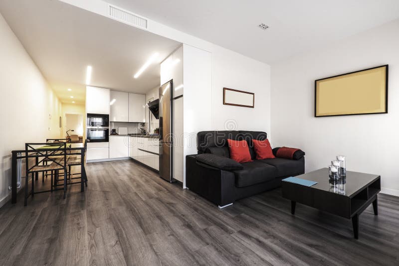 Connected Living Room with Dining Table and Kitchen Stock Image Image