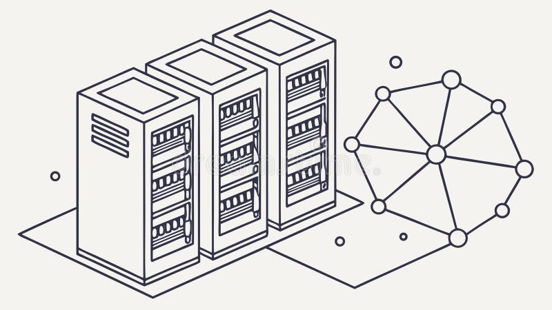 Connected Server Racks, Global Data Network Hub, vector design Generative AI stock illustration