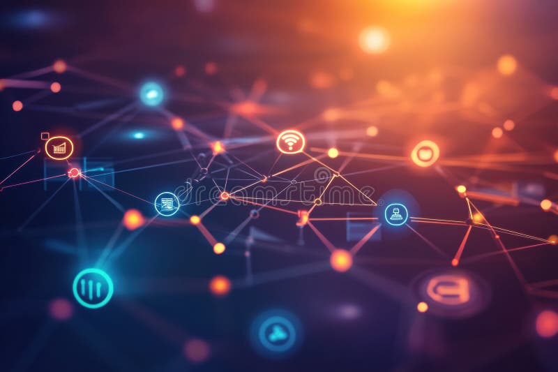 Connected technology icons forming a digital web with glowing lines on a gradient background, symbolizing network royalty free stock images