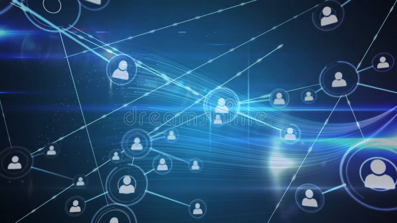 Connected user icons with glowing animation, digital lines forming network stock illustration