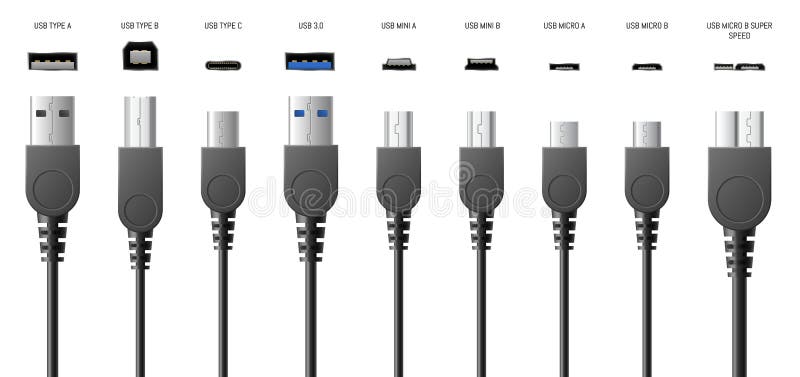 Connecteurs USB a b et type c connecteurs sockets ou connecteurs de câble d'ordinateur universel 3d réaliste