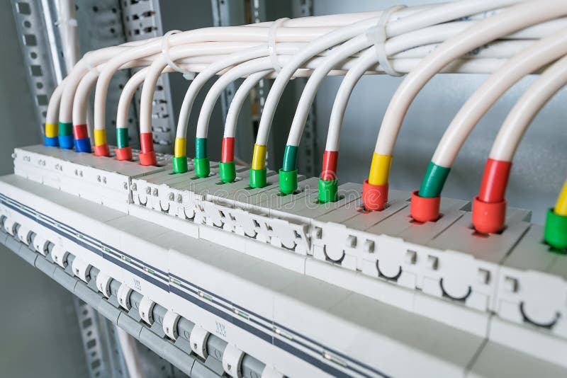 Connecting Cables with Cable Lugs To Circuit Breakers. Stock Photo