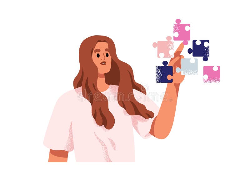 Conectarea pieselor de puzzle care unesc piesele de puzzle cu mâna. o femeie inteligentă care se gândește la rezolvarea problemei royalty free illustration