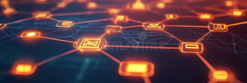 Connecting technology through a digital web of glowing icons in a vibrant gradient background royalty free stock photo