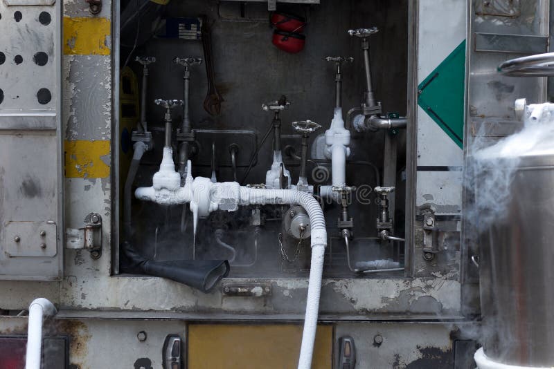 Connecting valve and pipelines of the gas system for nitrogen cylinders stock image Connecting valve and pipelines of the gas system for nitrogen cylinders stock image