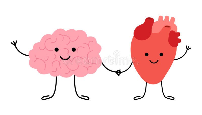 Connection of cute healthy happy brain and heart characters. Relation health of human brain and heart. Unity of logic