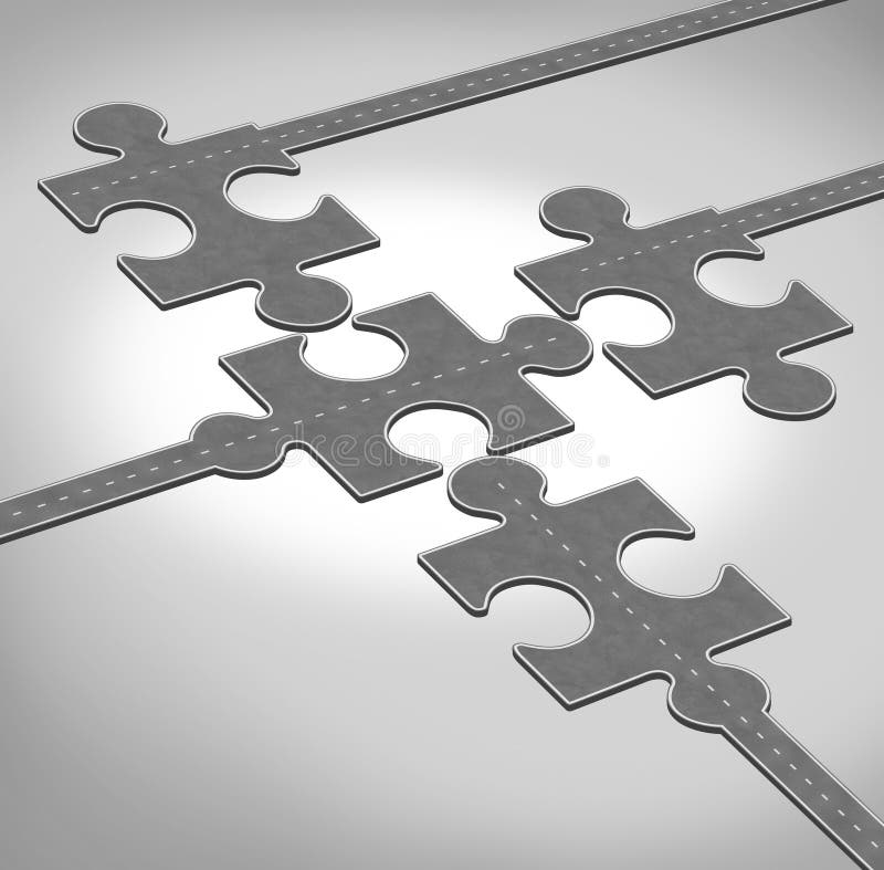 Connection direction as a business concept of a group of roads or highways shaped as jigsaw puzzle pieces connecting together as a team partnership bridging the gap for financial success through creative solutions.