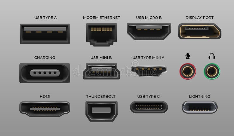 Connector and ports. USB type A and type C, video ports hand drawnMI DVI and Displayport, audio coaxial, thunderbolt and