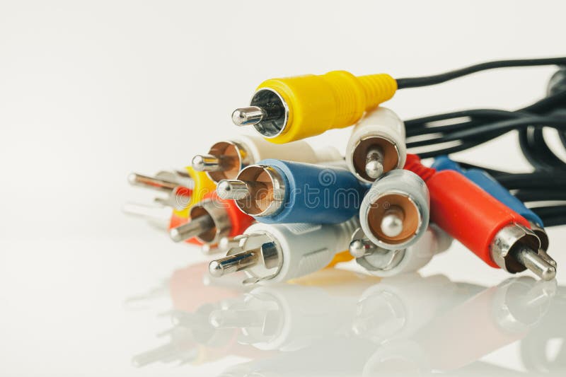 Connectors inputs and outputs audio and video for signal devices, isolated on white background close-up
