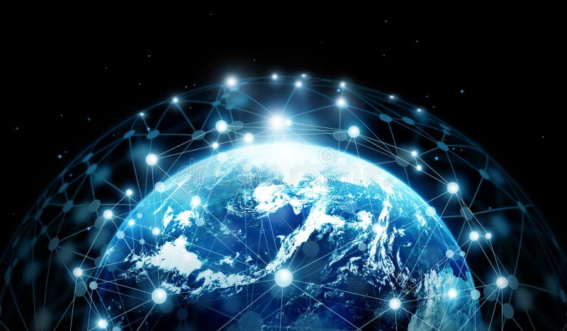 Connessione di rete e scambi di dati globali sul eart blu del pianeta