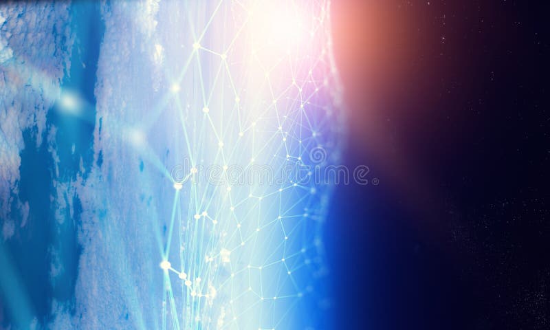 Connessione globale e rete rendering 3D. Pianeta Terra visto dallo spazio esterno con linee di connessione Elementi di questa immagine forniti dalla NASA