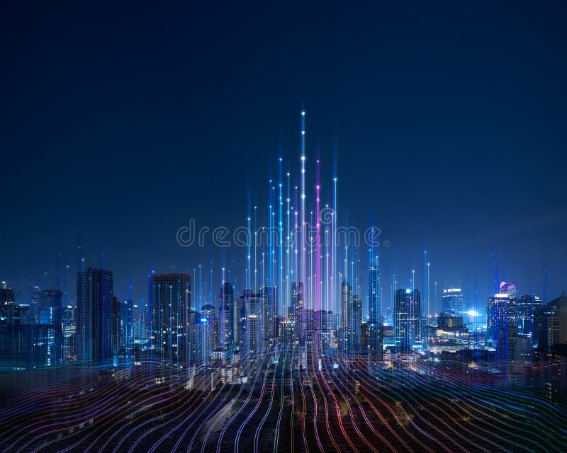 Smart city and abstract dot point connect with gradient line and aesthetic Intricate wave line design , big data connection technology concept. Smart city and abstract dot point connect with gradient line and aesthetic Intricate wave line design , big data connection technology concept