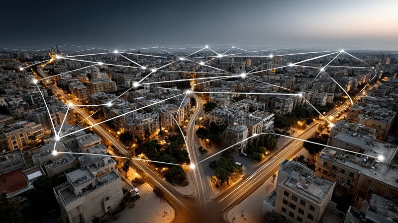 Connettività digitale : vista aerea della città con linee di rete luminose di notte illustrazione di stock