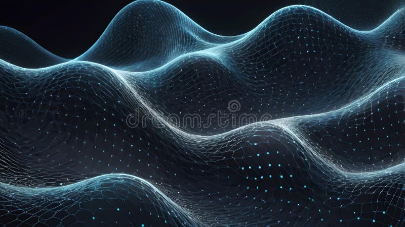 Connexion réseau à maillage abstrait futuriste. Maille abstraite futuriste vague un rendu 3d présentant des points et des lignes interconnectés formant des motifs ondulés. la conception évoque des concepts de réseaux de flux de données et de progrès technologique. tons bleus frais sur fond foncé créer une image frappante. ce contenu est généré par ai