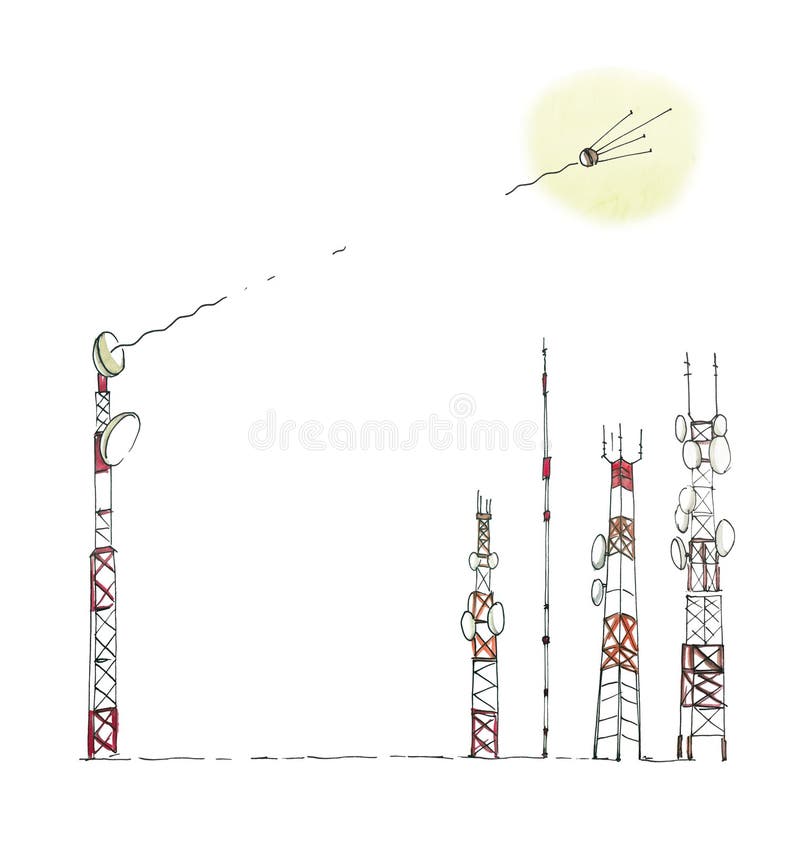 Connexion satellite Le satellite transmet le signal aux antennes cellulaires Dessin humoristique avec l'aquarelle d'isolement en illustration de vecteur Connexion satellite Le satellite transmet le signal aux antennes cellulaires Dessin humoristique avec l'aquarelle d'isolement en illustration de vecteur