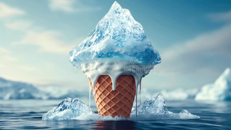 Cono de helado con iceberg azul transparente. El calentamiento del planeta y el cambio climático libre illustration
