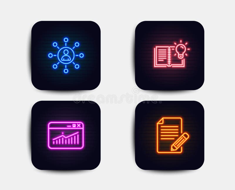 Neon glow lights. Set of Networking, Product knowledge and Website statistics icons. Article sign. Business communication, Education process, Data analysis. Feedback. Neon icons. Vector. Neon glow lights. Set of Networking, Product knowledge and Website statistics icons. Article sign. Business communication, Education process, Data analysis. Feedback. Neon icons. Vector