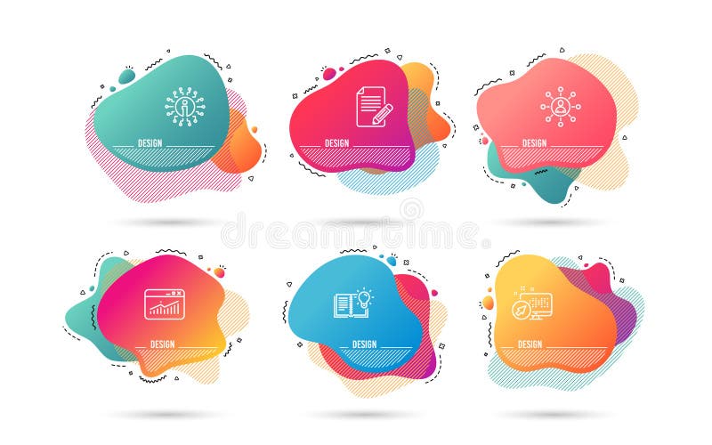 Dynamic liquid shapes. Set of Networking, Product knowledge and Website statistics icons. Article sign. Business communication, Education process, Data analysis. Feedback. Gradient banners. Vector. Dynamic liquid shapes. Set of Networking, Product knowledge and Website statistics icons. Article sign. Business communication, Education process, Data analysis. Feedback. Gradient banners. Vector