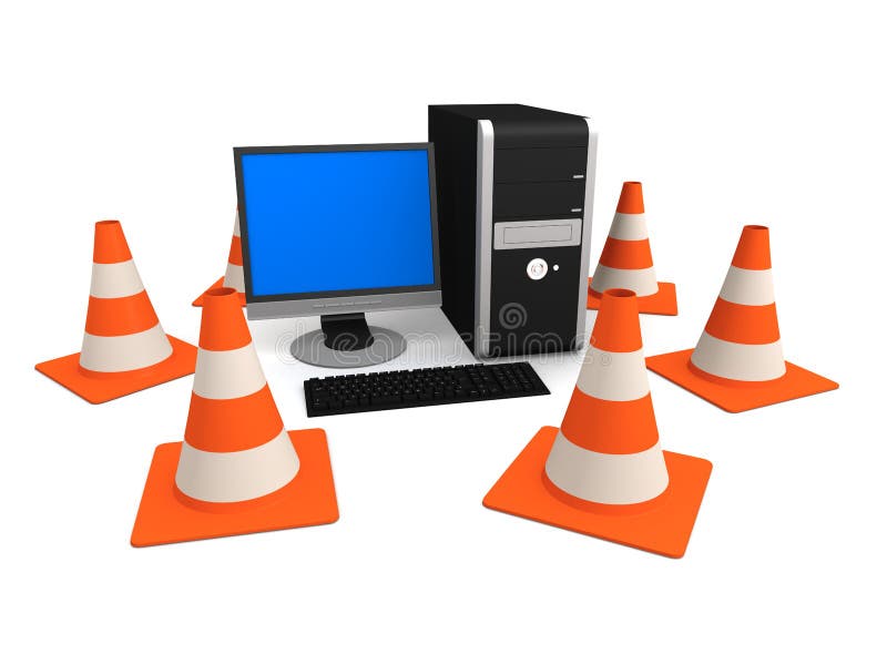 3d rendered illustration of a personal computer and traffic cones. 3d rendered illustration of a personal computer and traffic cones