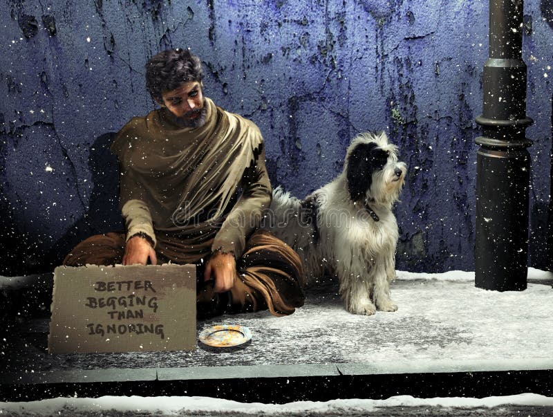 Beggar and his dog, sitting on the sidewalk at night, under the falling snow. The beggar exhibits a piece of cardboard with the inscription: Better begging than ignoring. French proverb that illustrates the actual situations all over the world, where rich people ignore the necessities of the big majority, without realizing that there is more honor to beg, than to ignore the needs of others. Beggar and his dog, sitting on the sidewalk at night, under the falling snow. The beggar exhibits a piece of cardboard with the inscription: Better begging than ignoring. French proverb that illustrates the actual situations all over the world, where rich people ignore the necessities of the big majority, without realizing that there is more honor to beg, than to ignore the needs of others.