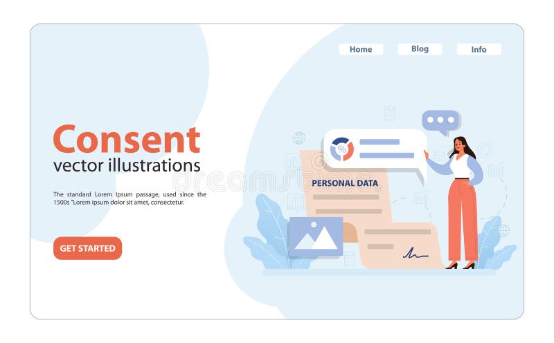 Consent concept illustration. A professional woman gestures towards a personal data form, emphasizing user agreement and data protection amidst urban elements. Flat vector illustration. User consent vectors