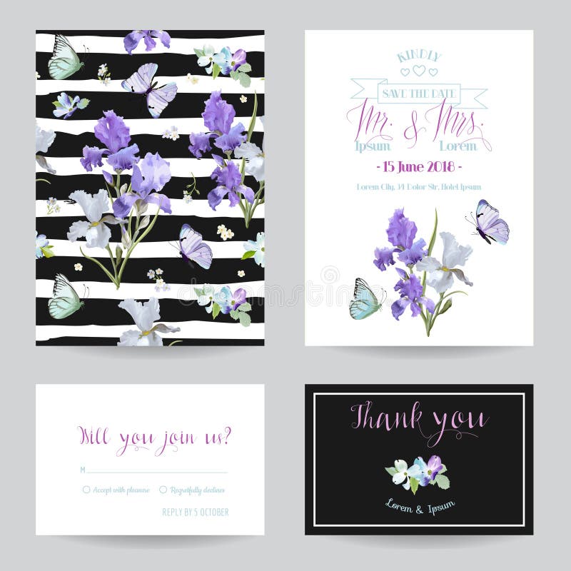 Conservi la carta di data con Iris Flowers e le farfalle Modelli floreali dell'invito di nozze messi Progettazione botanica per l royalty illustrazione gratis Conservi la carta di data con Iris Flowers e le farfalle Modelli floreali dell'invito di nozze messi Progettazione botanica per l royalty illustrazione gratis