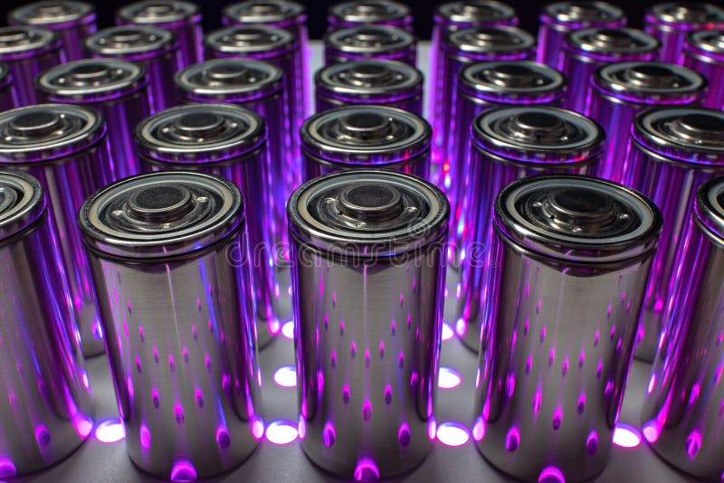 A consignment of new modern high-capacity lithium-ion cells. A prototype of new batteries on a laboratory table with UV light