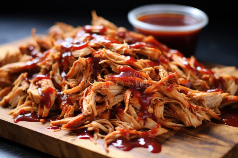 Consistenze succose di pollo estratto satura di salsa bq di bourbon. Texture succose di pollo estratto satura di salsa bq di bourbon creata con aria generativa generata da ai