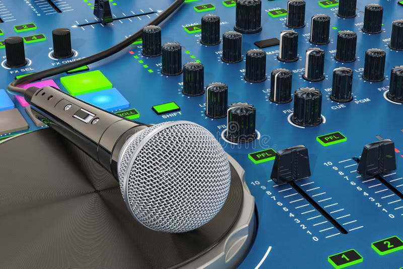 Console del DJ con il primo piano del microfono, rappresentazione 3D illustrazione vettoriale Console del DJ con il primo piano del microfono, rappresentazione 3D illustrazione vettoriale